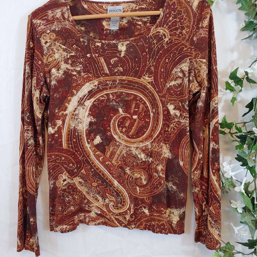 Chico's Women's SZ 1 Brown & Gold Long Sleeve Top